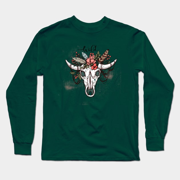 Wild Bison Skull Boho Long Sleeve T-Shirt by letnothingstopyou